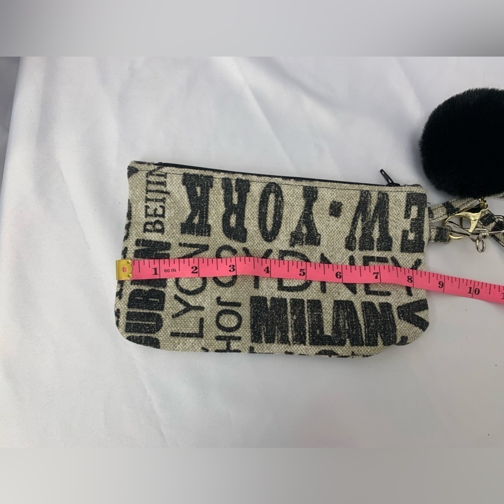Canvas Wristlet Makeup Bag Black & White with City Names Fully Lined with Zipper - Picture 2 of 10